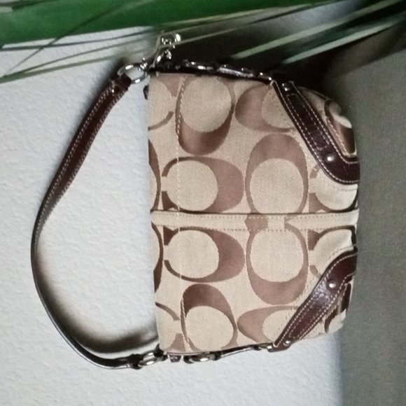 COACH Brown Signature C Leather & Jacquard Mini Club Hobo Purse. - Picture 3 of 12